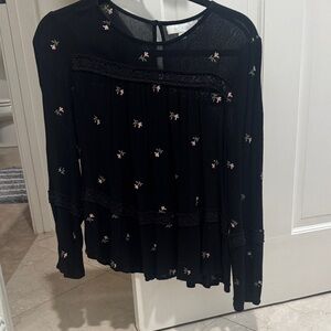 Anthropologie Eri + Ali Chic Black Floral Blouse with embroidered details